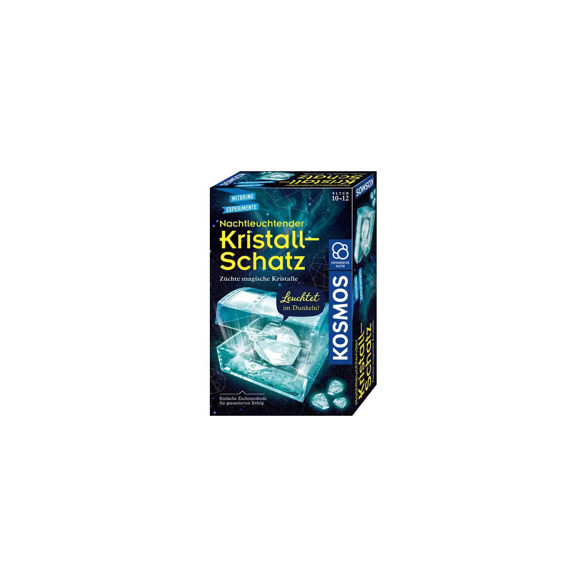 Kosmos "Kristall-Schatz" Kristallzucht-Set mit leuchtenden Kristallen auf der Verpackung abgebildet.