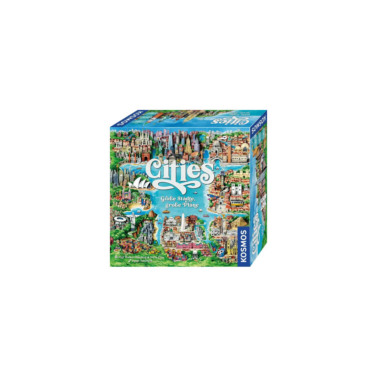 Bunte Brettspiel-Schachtel "Cities" mit Stadt-Illustrationen von Kosmos.