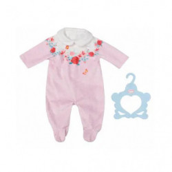 Hellrosa Baby-Body mit Blumenstickerei und weißem Kragen an einem blauen herzförmigen Kleiderbügel.