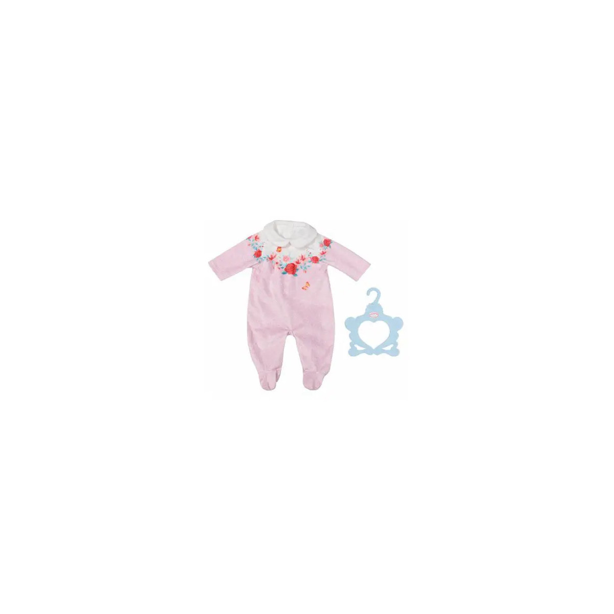 Hellrosa Baby-Body mit Blumenstickerei und weißem Kragen an einem blauen herzförmigen Kleiderbügel.