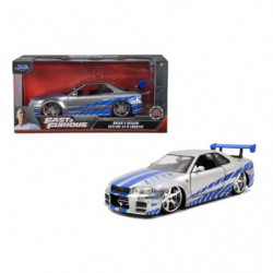 Blau-silbernes Spielzeugauto mit Spoiler neben Fast & Furious-Box.