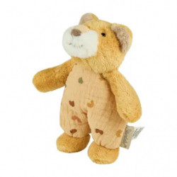 Ein kleiner, beigefarbener Plüschbär mit hellem Bauch und braunen Flecken steht aufrecht vor weißem Hintergrund.