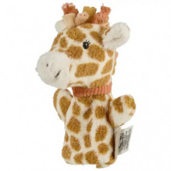 Plüsch-Giraffenfingerpuppe mit braunen Flecken und kleinen Hörnern vor weißem Hintergrund.
