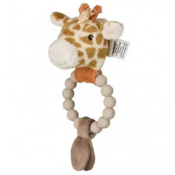 Plüsch-Giraffen-Babyrassel mit Perlenringgriff und weichem Stoffschwanz am unteren Ende.