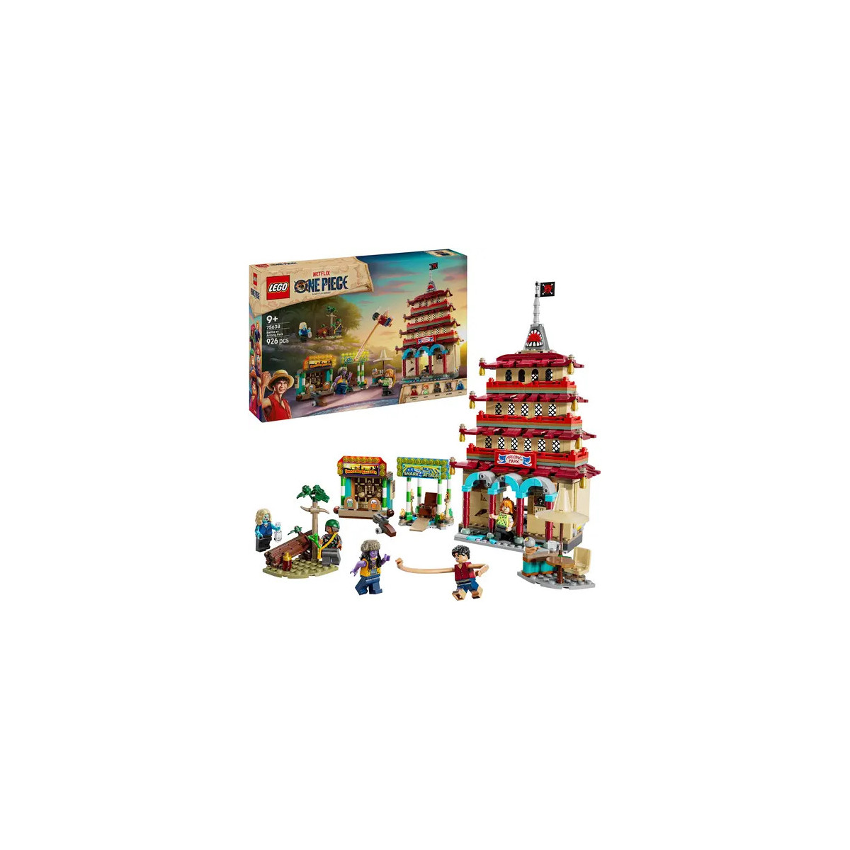 LEGO Ninjago Drachentempel mit Figuren, Zubehör und Verpackung im Hintergrund.