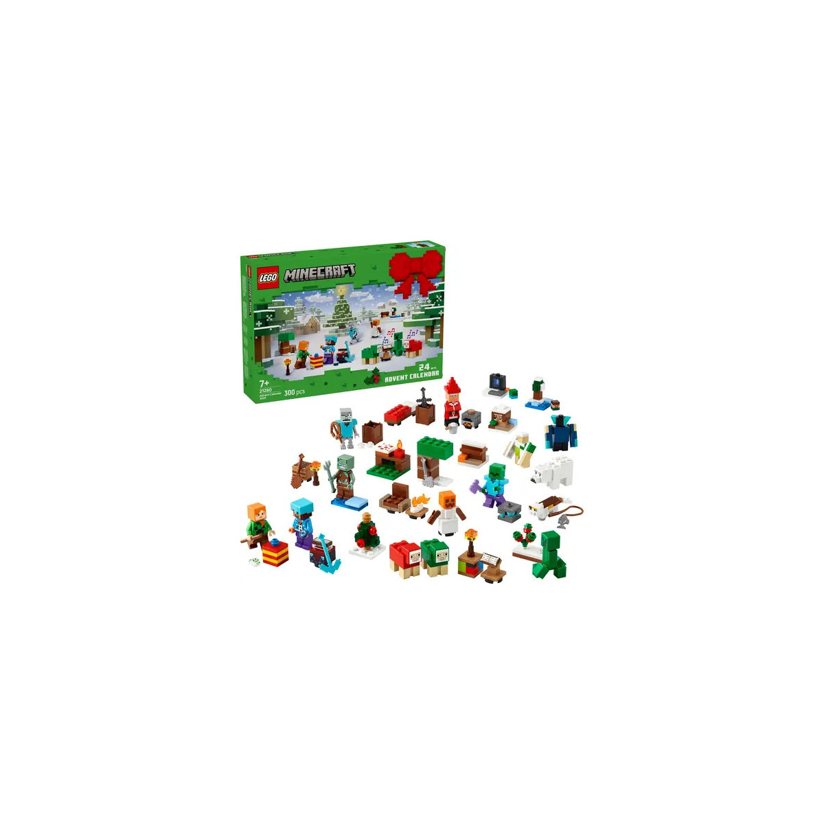LEGO Minecraft Set mit Verpackung und mehreren kleinen Minecraft-Figuren sowie Gegenständen davor.