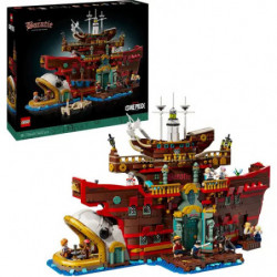 img_0:LEGO Ninjago Bauset mit rotem Schiff, Verpackung im Hintergrund.