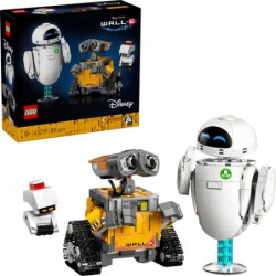 img_0:LEGO Disney Wall-E und Eve Figuren mit Verpackung auf weißem Hintergrund.