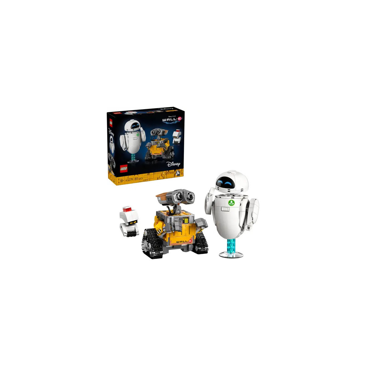 LEGO Disney Wall-E und Eve Figuren mit Verpackung auf weißem Hintergrund.