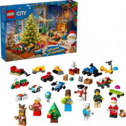 img_0:LEGO City Adventskalender mit Minifiguren, Fahrzeugen und weihnachtlichem Zubehör vor der Verpackung.