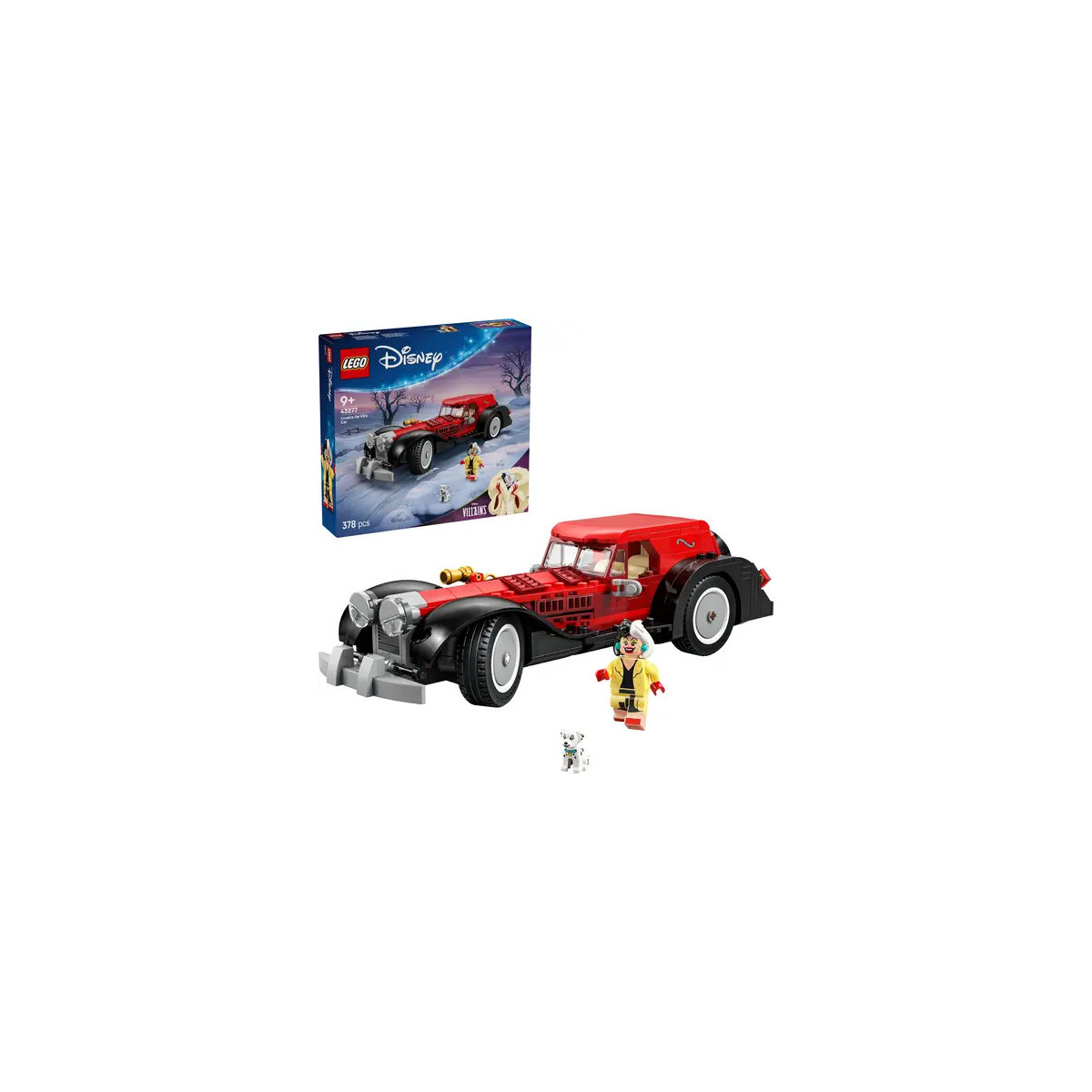 LEGO Disney Set mit rotem Oldtimer, Minifigur, kleinem Hund und Verpackung im Hintergrund.
