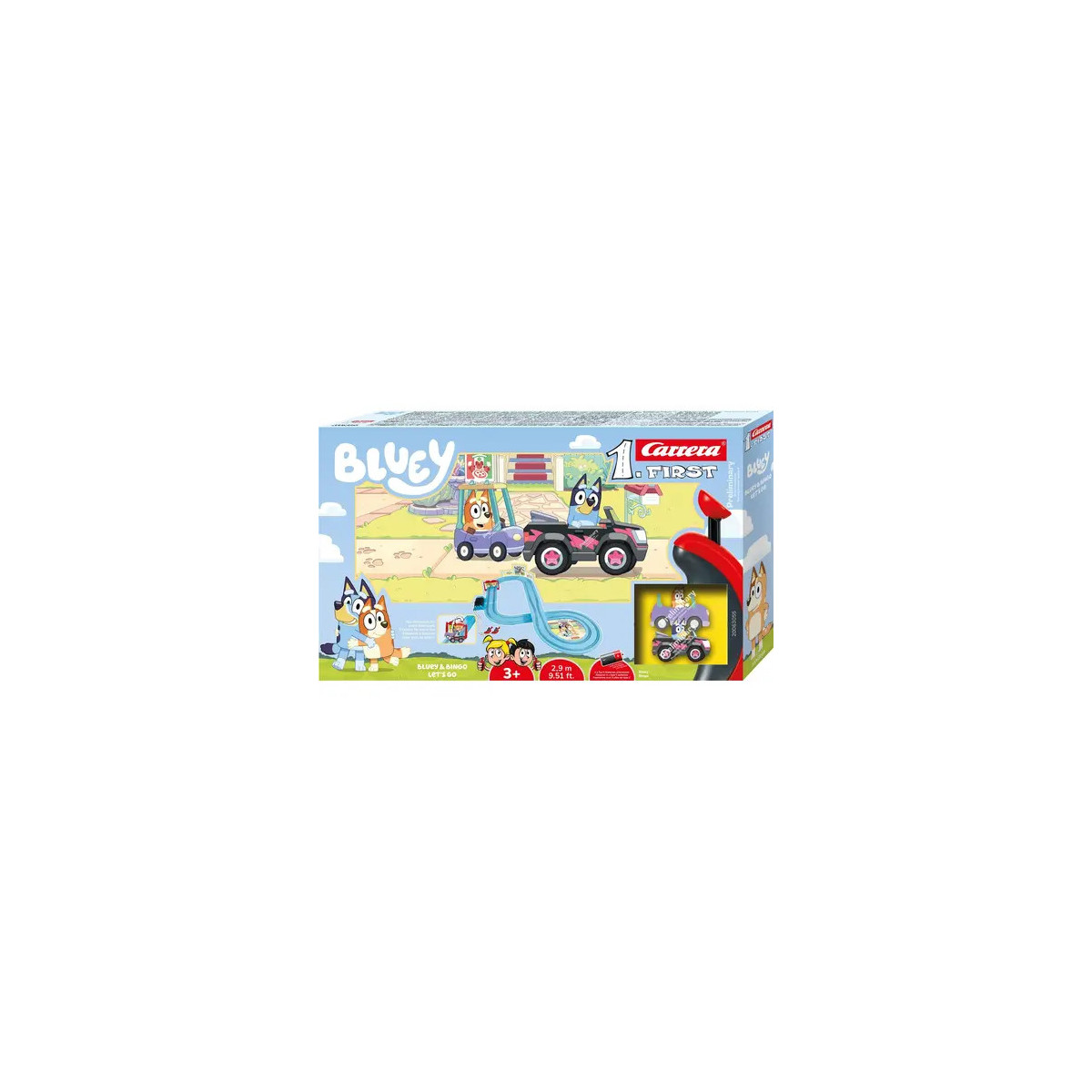Bluey Spielset-Box mit Auto und Anhänger, abgebildet sind Cartoonfiguren vor buntem Hintergrund.