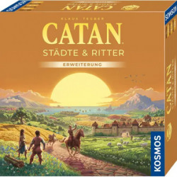 img_0:Catan: Städte & Ritter-Erweiterungsbox mit Sonnenuntergang und Siedlern auf Pferden auf dem Cover illustriert.