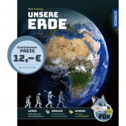 img_0:Buchcover mit Blick auf die Erde aus dem All, deutschem Text und Evolution der Menschheit als Illustrationen unten.