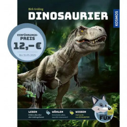 img_0:Buchcover "Dinosaurier" mit T-Rex im Dschungel, Preis 12,99 €, deutschsprachig.