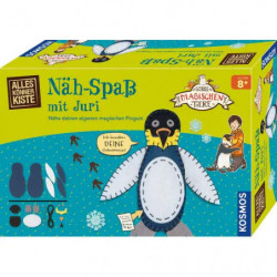 img_0:Gelbe Nähset-Box mit Pinguin-Motiv und deutschem Text "Näh-Spaß mit Juri" auf der Vorderseite.