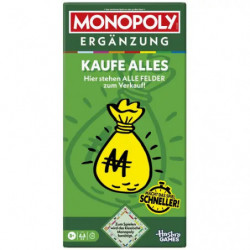 img_0:Grünes Monopoly Ergänzungskarten-Pack mit gelbem Geldsack und deutschem Text auf der Vorderseite.