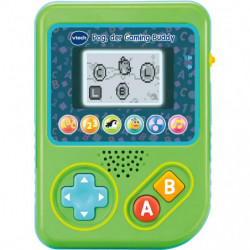 img_0:Grünes Handheld-Spielgerät mit Bildschirm sowie bunten Tasten, beschriftet mit A, B und Pfeilen.