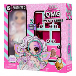 LOL Surprise OMG Eye Spy Series Spielzeugbox mit sichtbarer Puppe und bunter, illustrierter Verpackung.