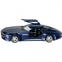 img_0:Dunkelblauer Sportwagen mit geöffneten Flügeltüren, seitlich vor weißem Hintergrund.