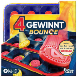 img_0:Schachtel von 4 Gewinnt Bounce von Hasbro mit roten und gelben Spielscheiben auf dem Cover, deutscher Text.