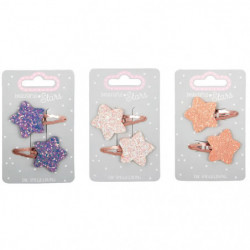img_0:Drei Haarspangenpacks mit glitzernden Sternmotiven in Lila, Weiß und Pfirsich auf grauen Karten.
