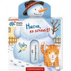 img_0:Einband mit Schneemann, orangefarbener Katze und Vogel. Titel: Hurra, es schneit!.