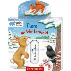 img_0:Kinderbuchcover mit Hase, Amsel und rotem Eichhörnchen in einem verschneiten Winterwald.