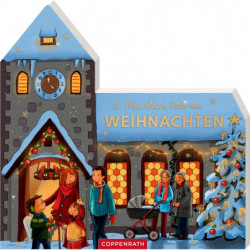 img_0:Illustrierte Weihnachtsszene: Familien vor verschneiter Kirche und Baum; deutscher Text auf dem Buchtitel.