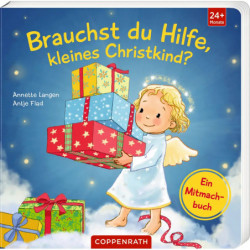 img_0:Ein lächelnder Engel mit Geschenken ziert das Cover des Kinderbuchs "Brauchst du Hilfe, kleines Christkind?".