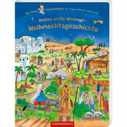 img_0:Cover eines illustrierten Kinderbuchs mit einer Krippenszene, Menschen, Tieren und Bethlehem im Hintergrund.