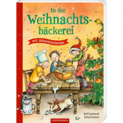 img_0:Drei Kinder backen Weihnachtsplätzchen am Tisch, während ein Hund Krümel auf dem Boden leckt; festliche Dekoration.