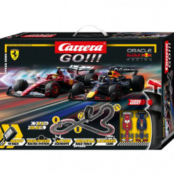 img_0:Carrera GO!!! Formel 1 Slotcar-Set mit zwei Rennwagen und Streckenlayout auf der Vorderseite der Verpackung.