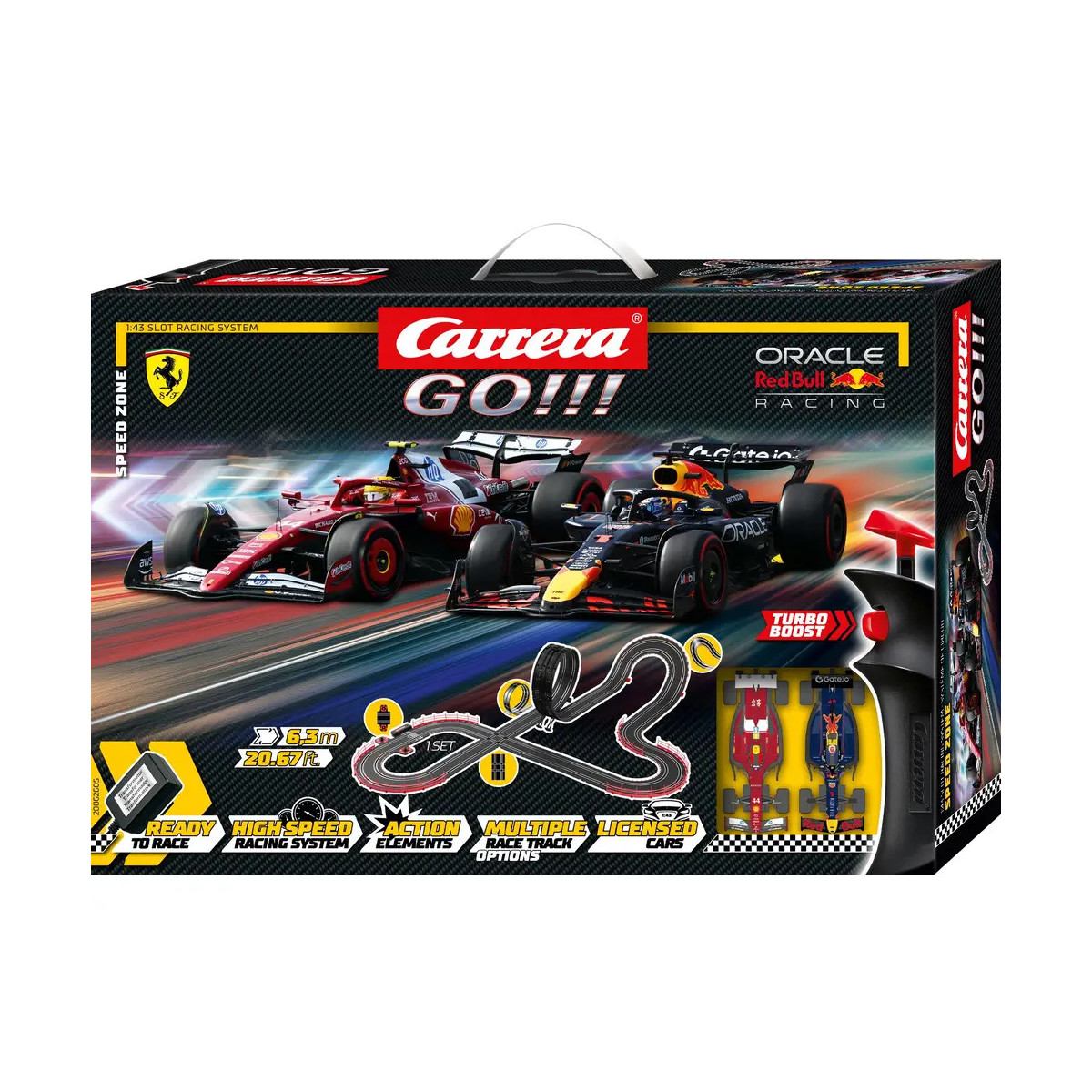 Carrera GO!!! Formel 1 Slotcar-Set mit zwei Rennwagen und Streckenlayout auf der Vorderseite der Verpackung.