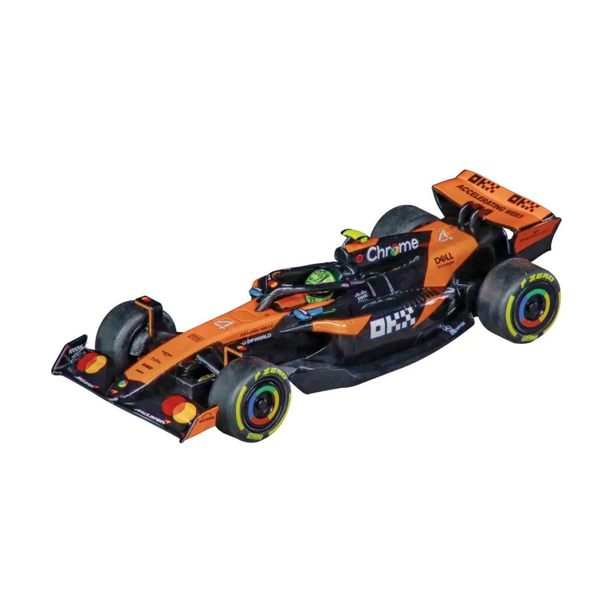 Orange-schwarzer Formel-1-Rennwagen mit Sponsorenlogos, leicht schräg auf weißem Hintergrund fotografiert.