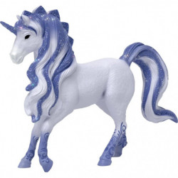 Weißes Einhorn-Spielzeug mit blau-weißer Glitzermähne, blauen Hufen und dekorativem, blauem Schweif.