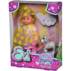 Evi Love Puppe im gelben Regenmantel mit grauem Hund, verpackt in einer rosa Box.