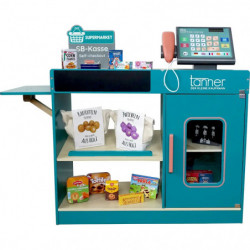 img_0:Moderne Supermarkt-Theke mit Regalen, Spiellebensmitteln, Telefon und Self-Checkout-Terminal.