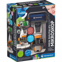 img_0:Galileo Mein digitales Mikroskop: Verpackung mit Mikroskop, App-Oberfläche und Beispielbildern für Kinder.