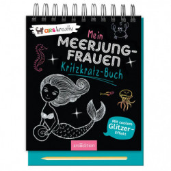 Kritzkratzbuch mit Meerjungfrauen-Cover, deutschem Text, Spiralbindung und Stift.