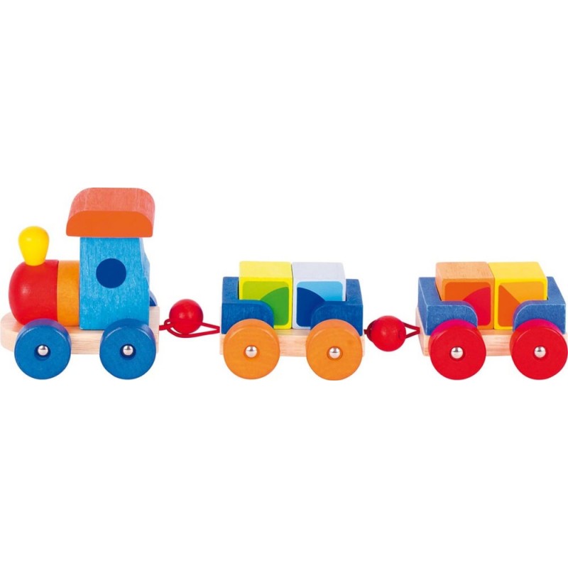 Bunte Holzspielzeug-Eisenbahn mit drei verbundenen Waggons und Bausteinen in Blau, Rot, Gelb und Orange.